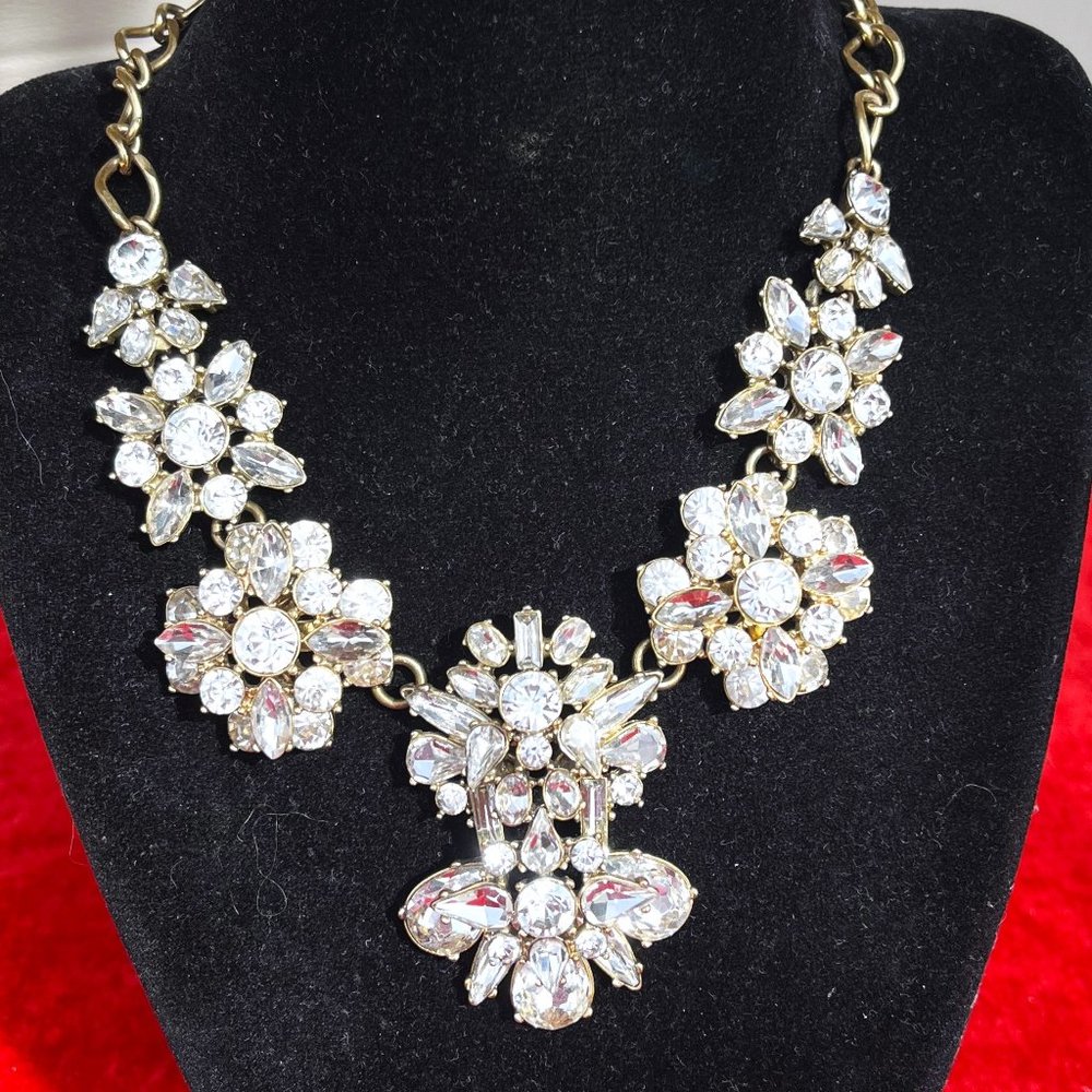 J Crew Clear Rhinestone Statement Necklace Gold tone